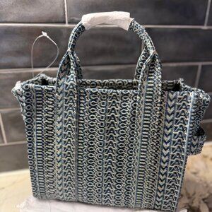 NWT Marc Jacobs The Washed Monogram Denim Small Tote Bag Sun Faded Denim